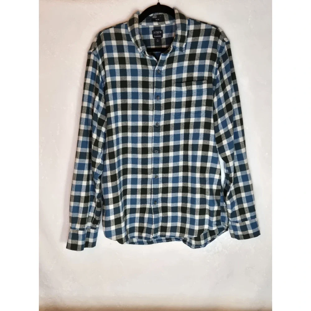 J. Crew Flannel Shirt‎ Men's Large Slim Fit Blue/White Button Down Plaid